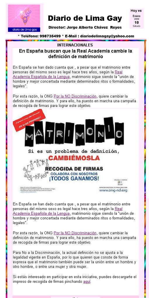 Matrimonio. Cambiemos su definión. Recogida de firmas de la ONG POR LA NO DISCRIMINACIÓN